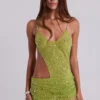 Stellar Asymmetric Hand Beaded Maxi Dress in Lime