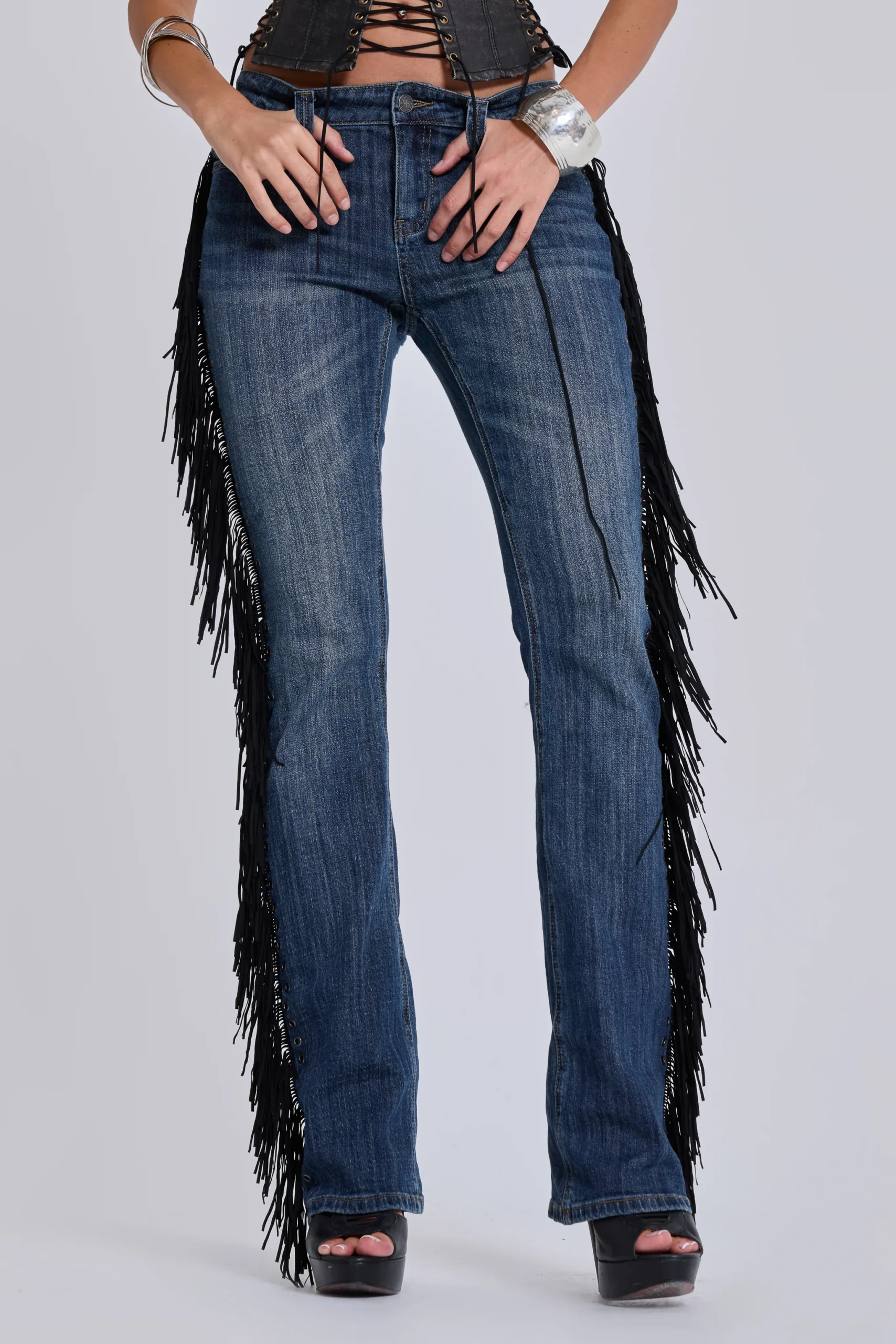 El Topo Fringe Bootcut Jeans in Blue Wash