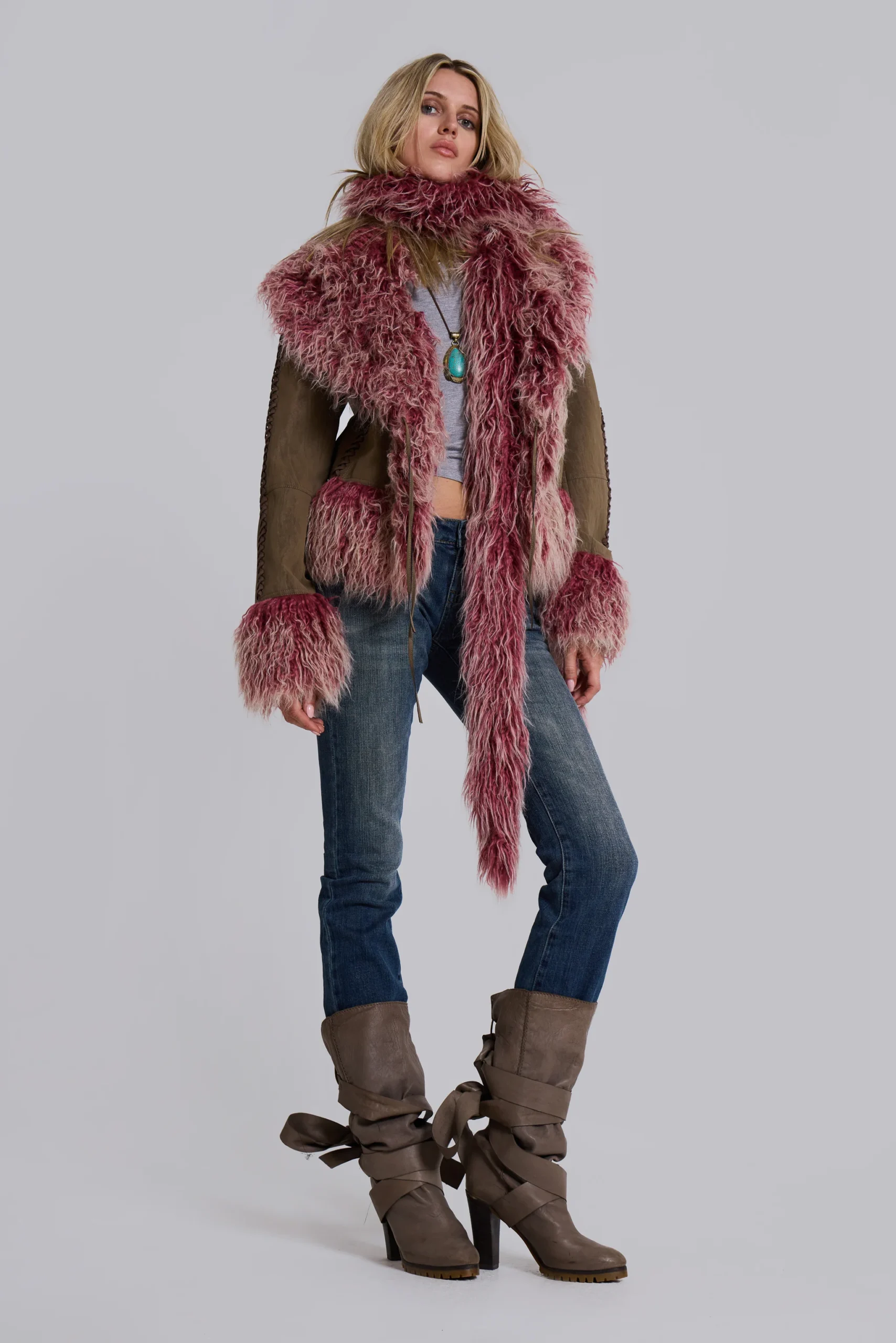 Leonie Faux Mongolian Fur Trim Coat in Quartz