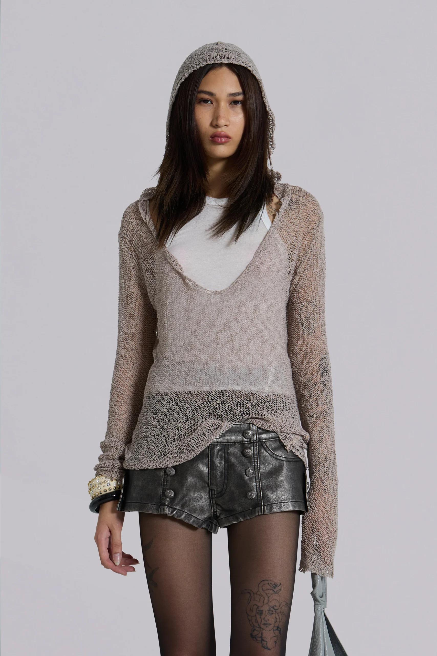 Naia Loose Knit Hooded Top in Clay