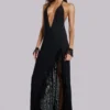 Ravenna Backless Halter Maxi Dress with Feathers