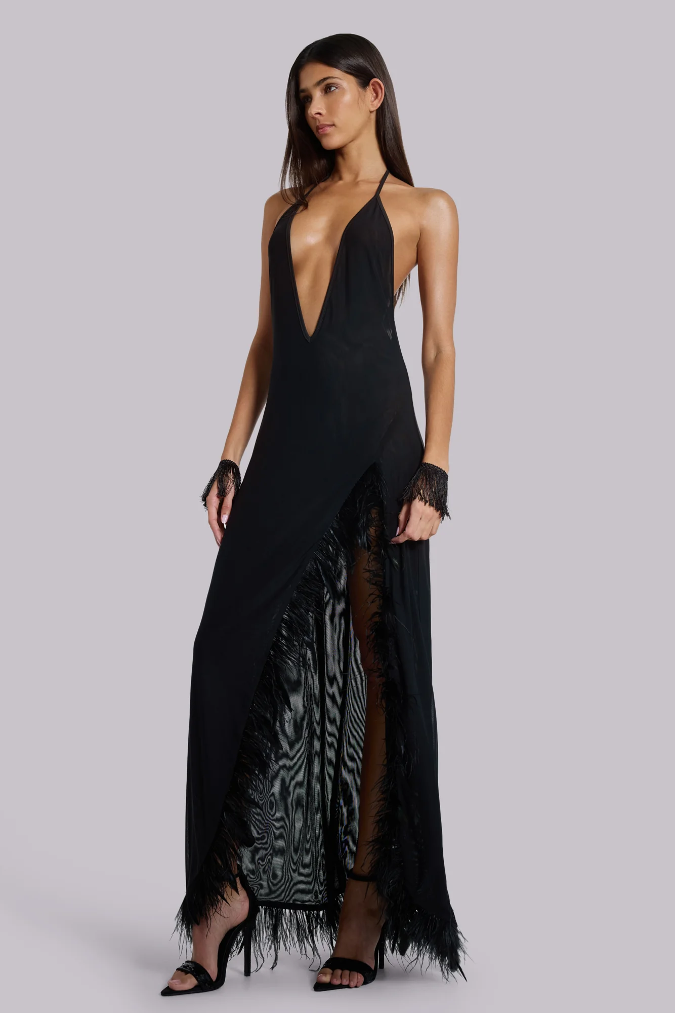 Ravenna Backless Halter Maxi Dress with Feathers