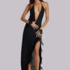 Ravenna Backless Halter Maxi Dress with Feathers