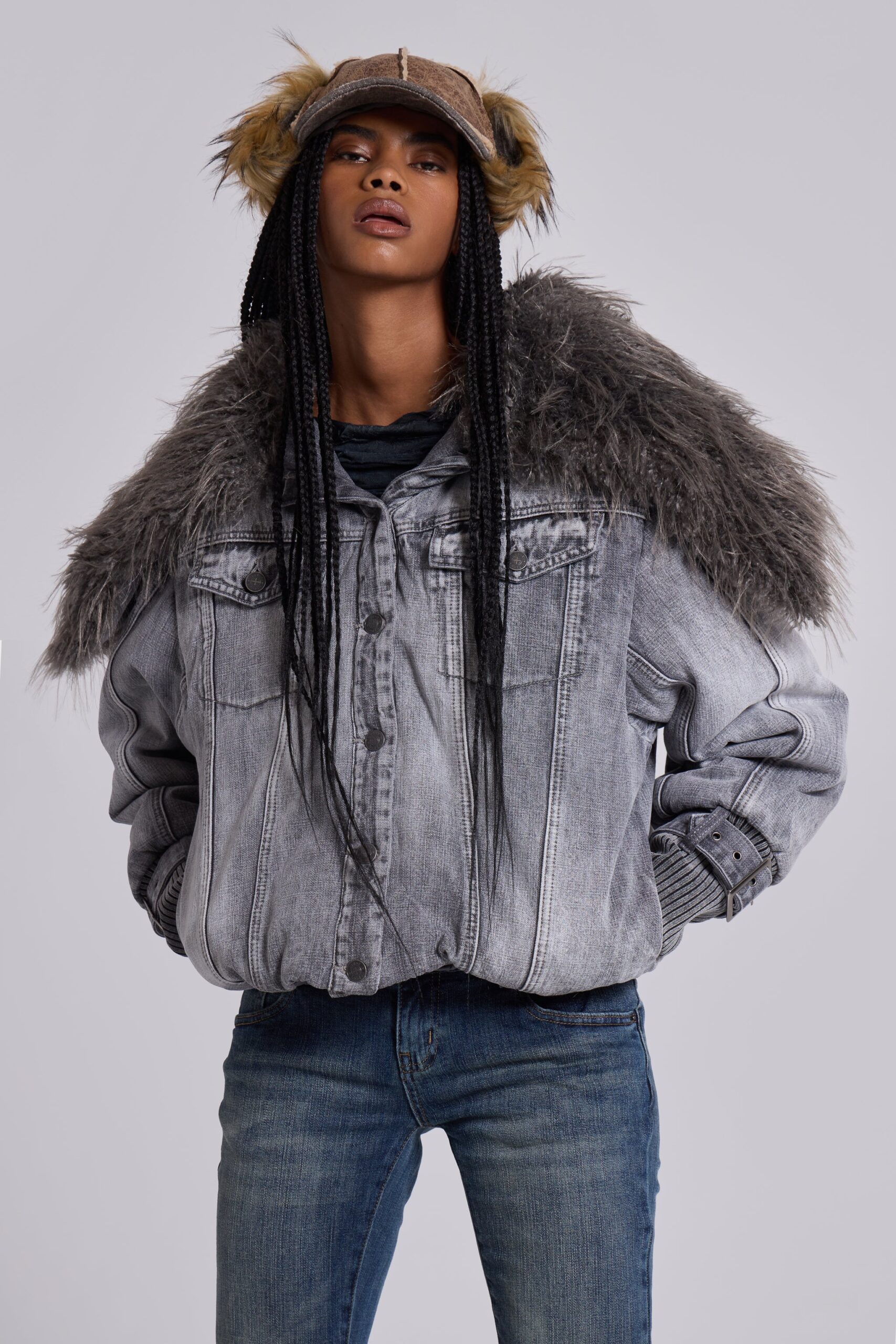 Alloy Denim Bomber Jacket in Grey