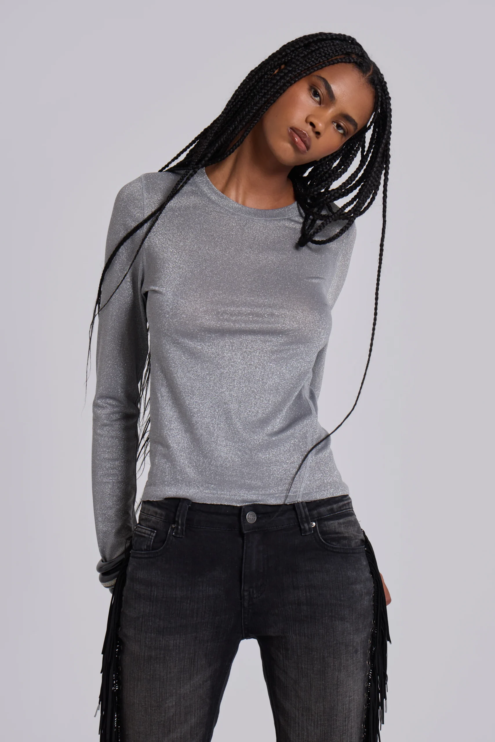 Xeni Glitter Long Sleeve Top in Silver