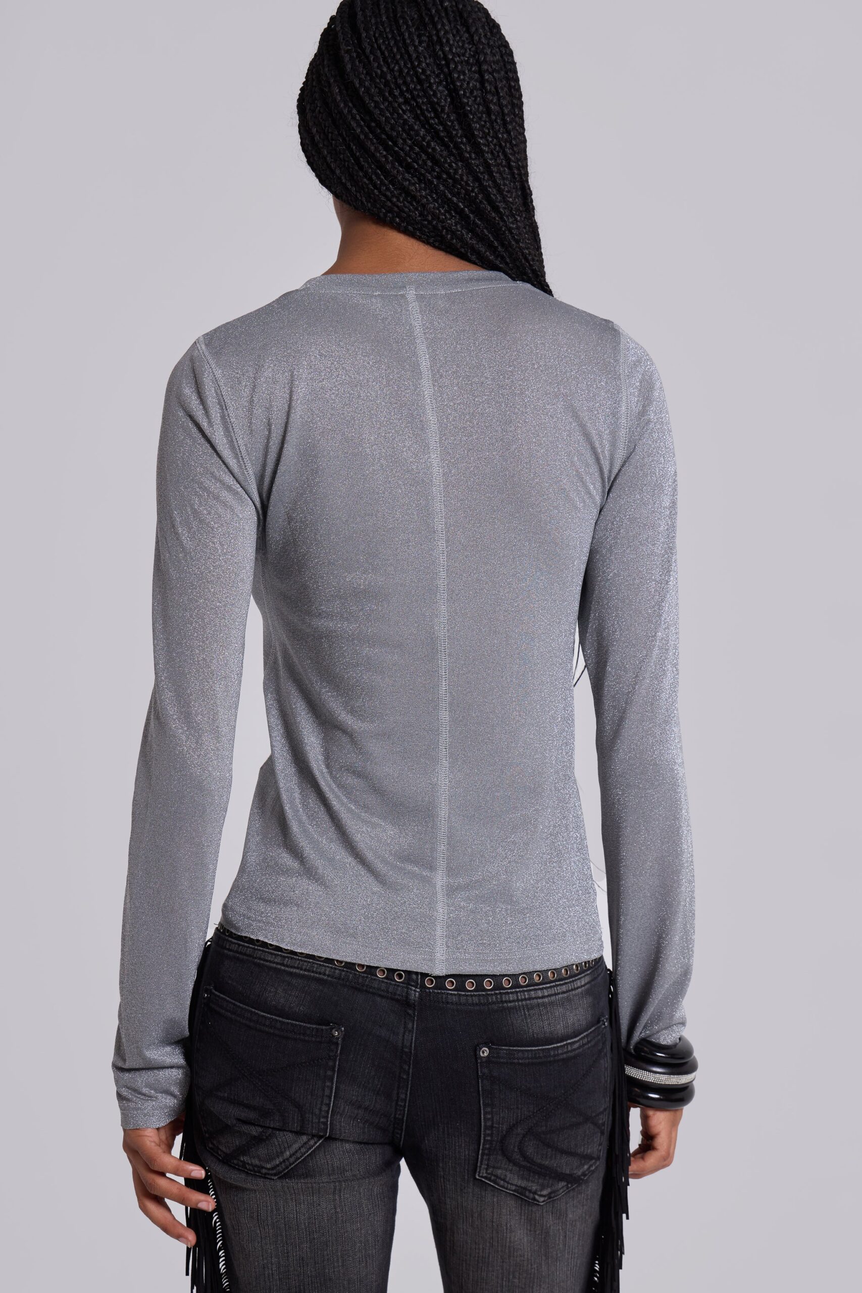 Xeni Glitter Long Sleeve Top in Silver