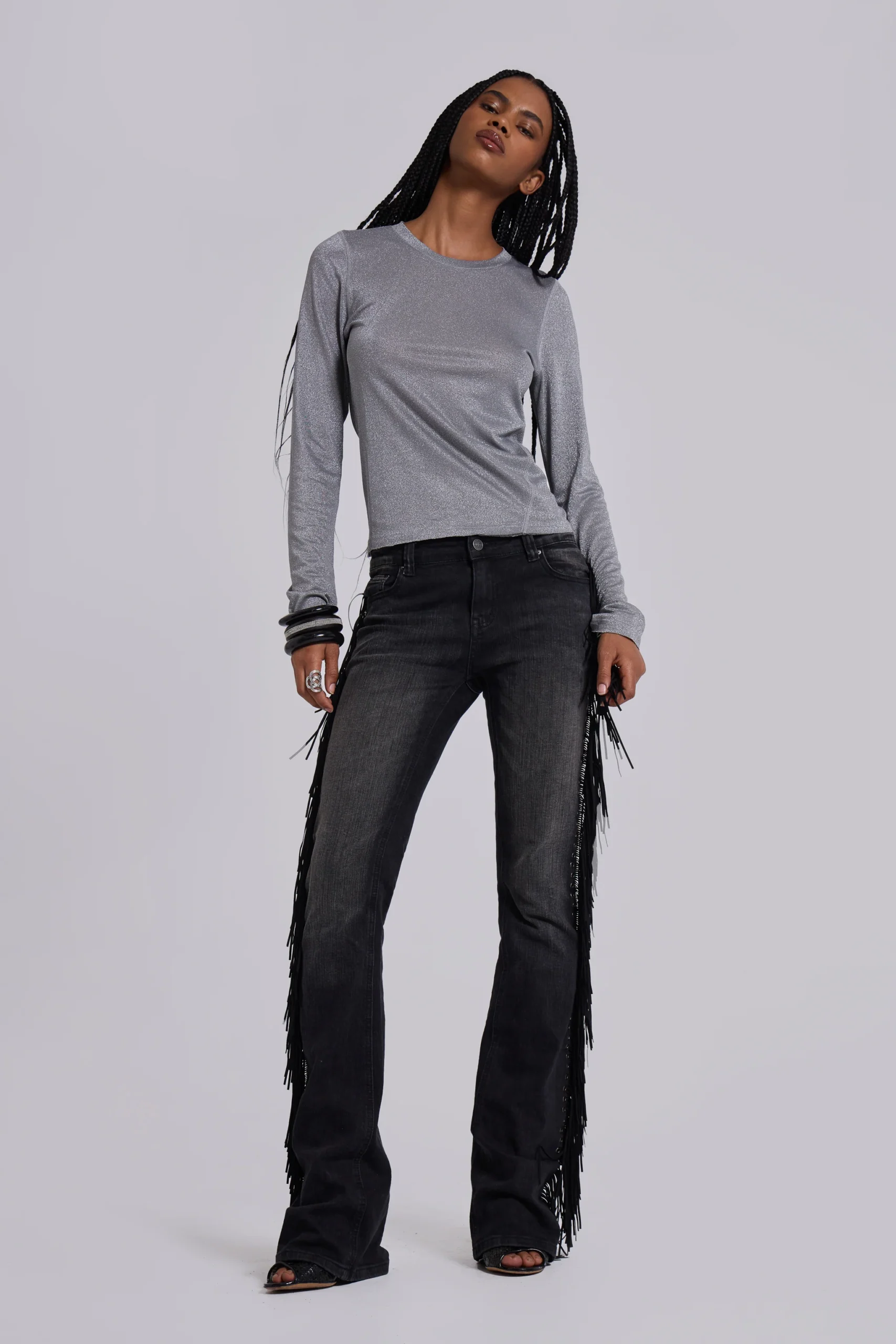 Xeni Glitter Long Sleeve Top in Silver