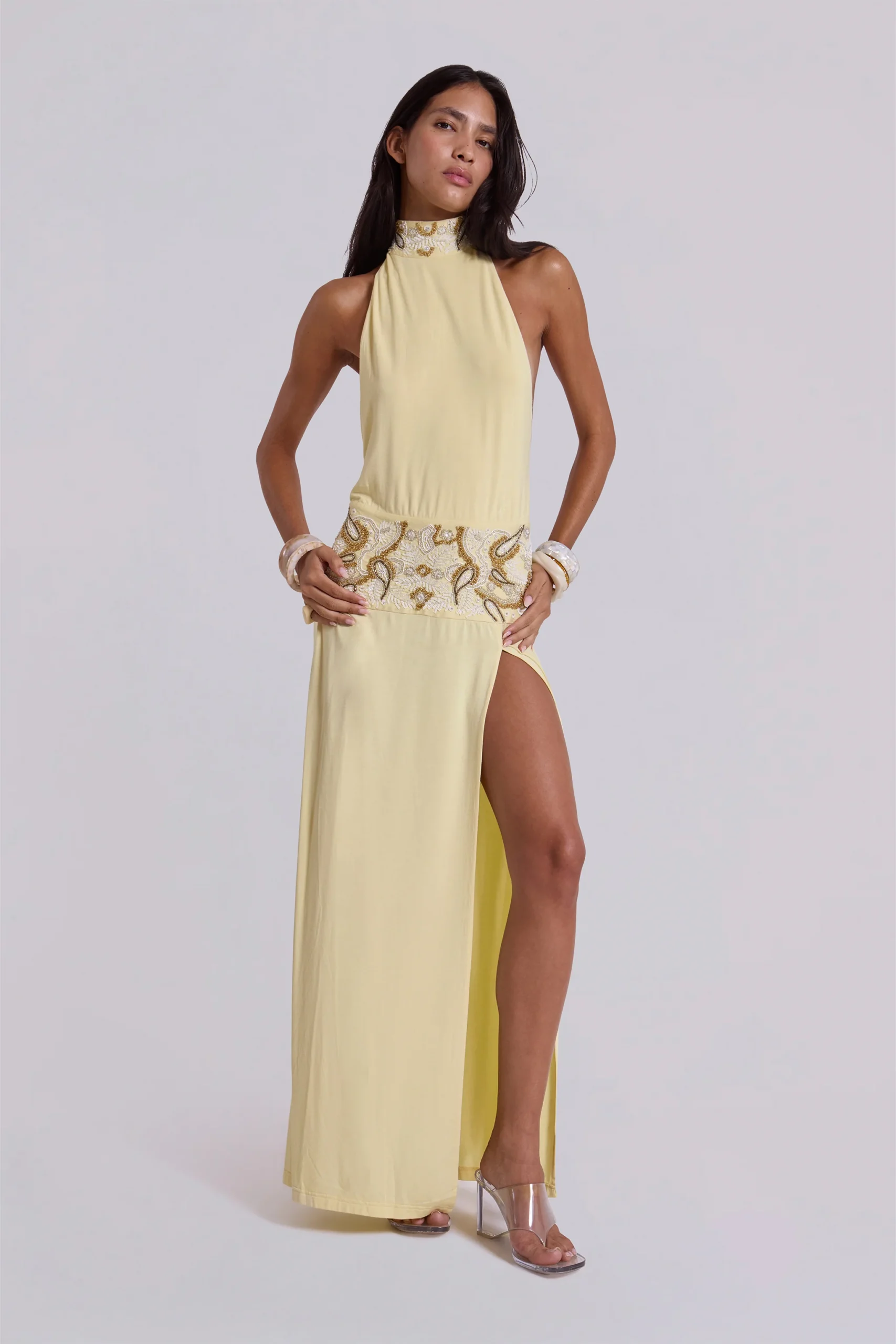 Darya Hand Beaded Backless Maxi Dress in Butter