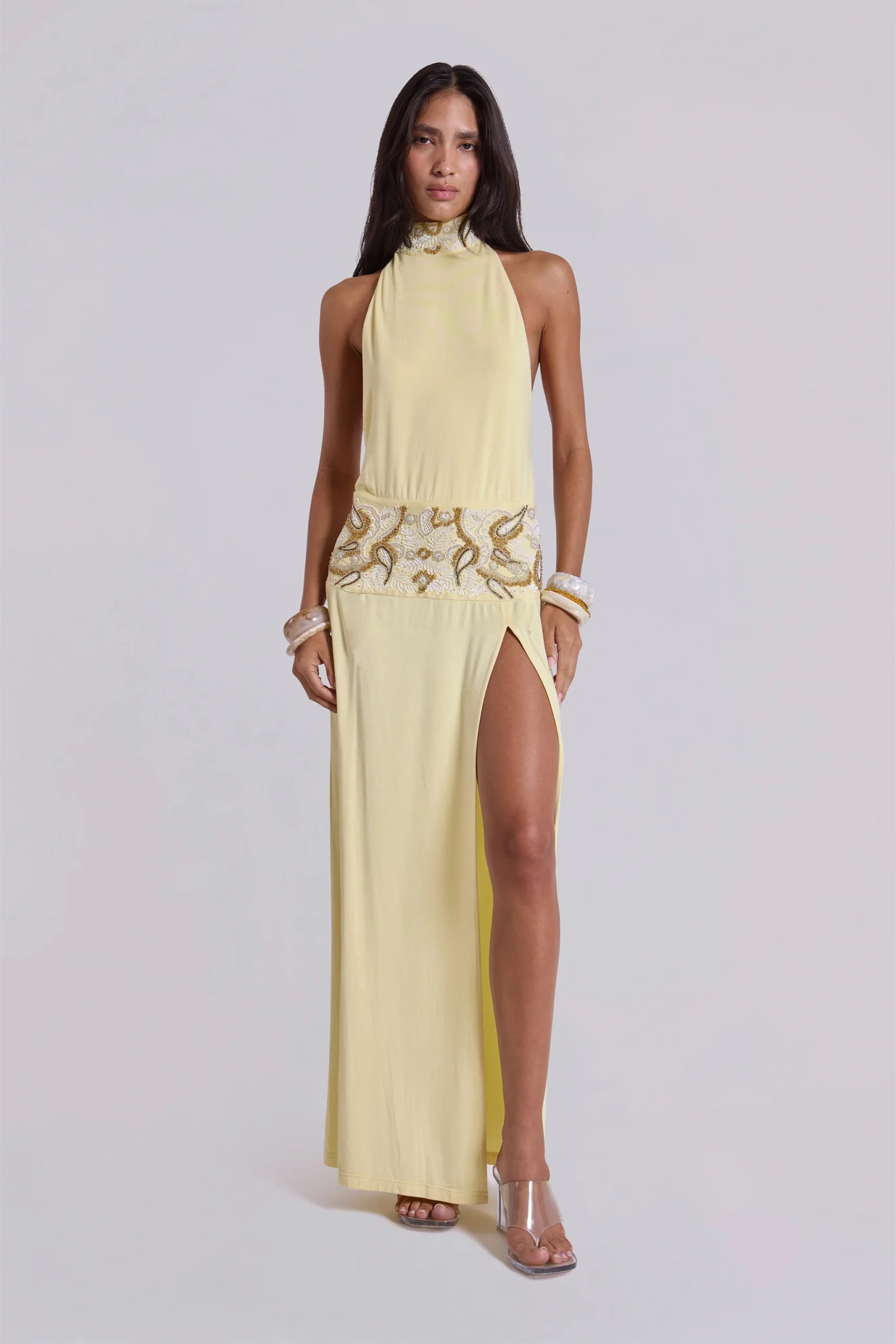 Darya Hand Beaded Backless Maxi Dress in Butter