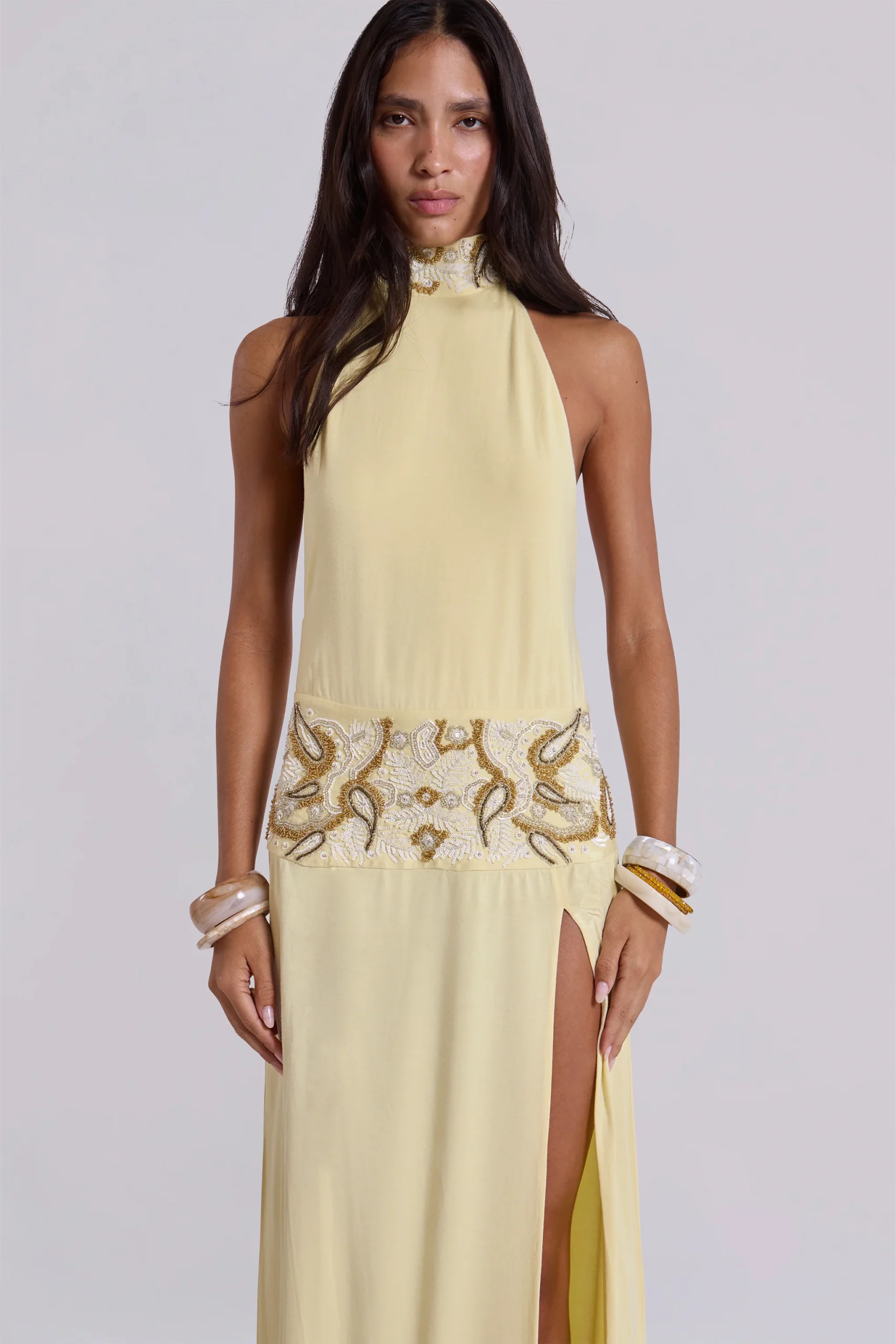 Darya Hand Beaded Backless Maxi Dress in Butter