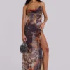 Dahlia Cowl Beaded Backless Chiffon Maxi Dress in Lusco