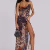 Dahlia Cowl Beaded Backless Chiffon Maxi Dress in Lusco