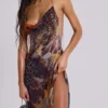 Dahlia Cowl Beaded Backless Chiffon Maxi Dress in Lusco