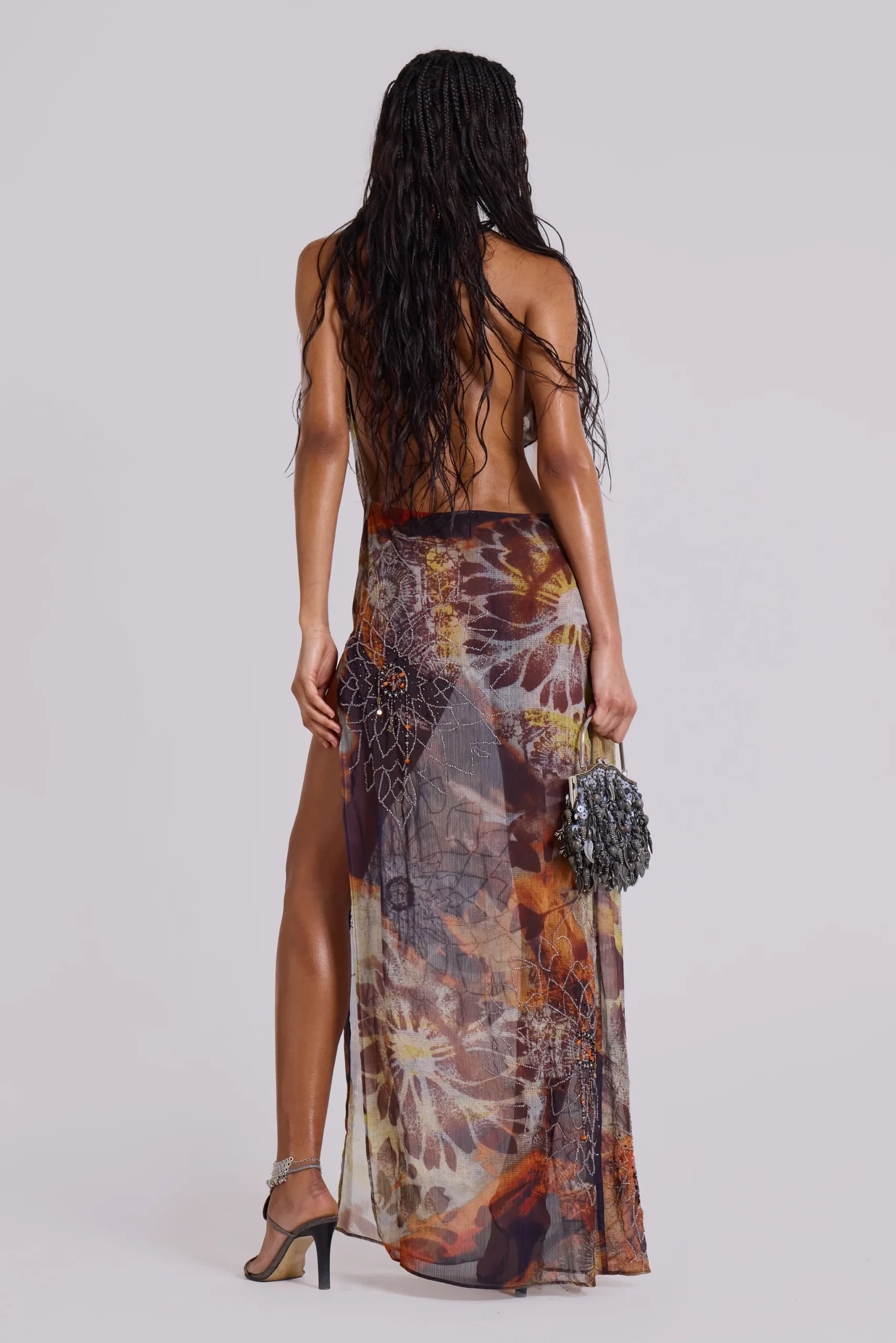 Dahlia Cowl Beaded Backless Chiffon Maxi Dress in Lusco